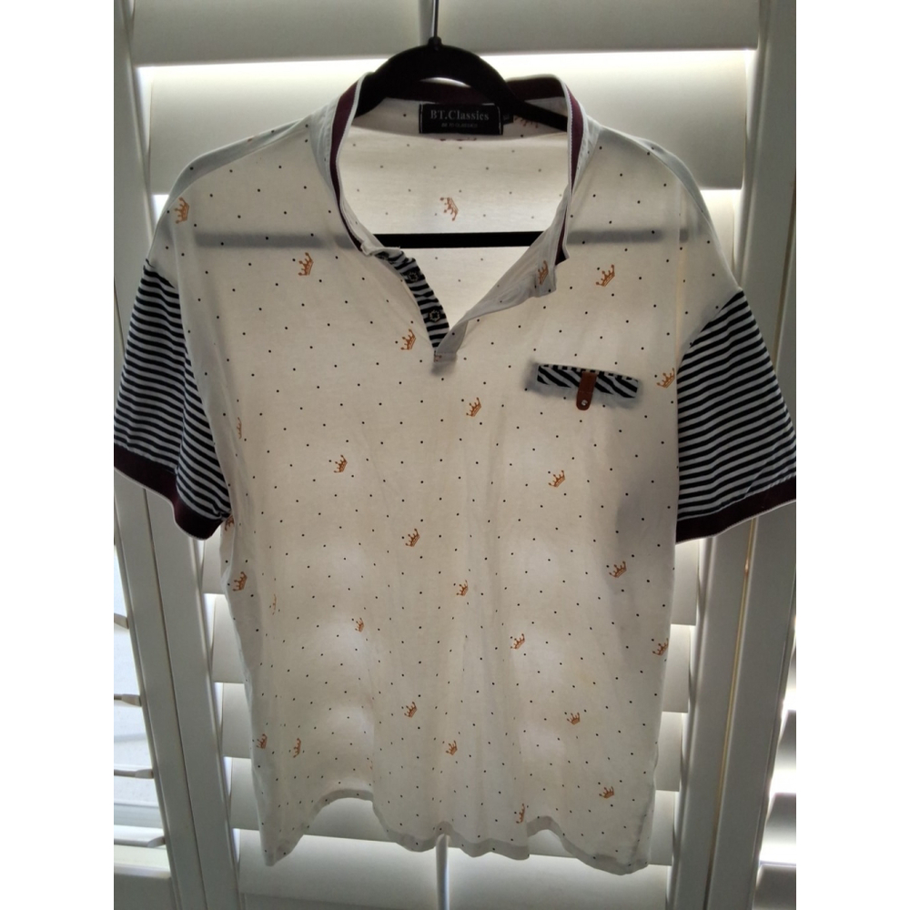 BT Classics Men's XL Polka Dot Crown Print Striped Sleeve Polo Shirt Casual Top